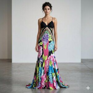 Vintage Cache Dress 4 Silk Satin Floral Maxi Y2K 90s Gown Prom Flared Hem